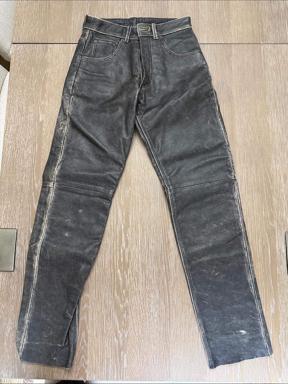 Black Distressed Leather-Look Pants